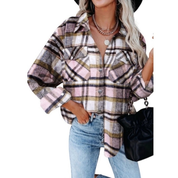 Couture Gypsy Tops - Plaid Button Down Shirt/Jacket (Flannel Pink and Brown Shacket)